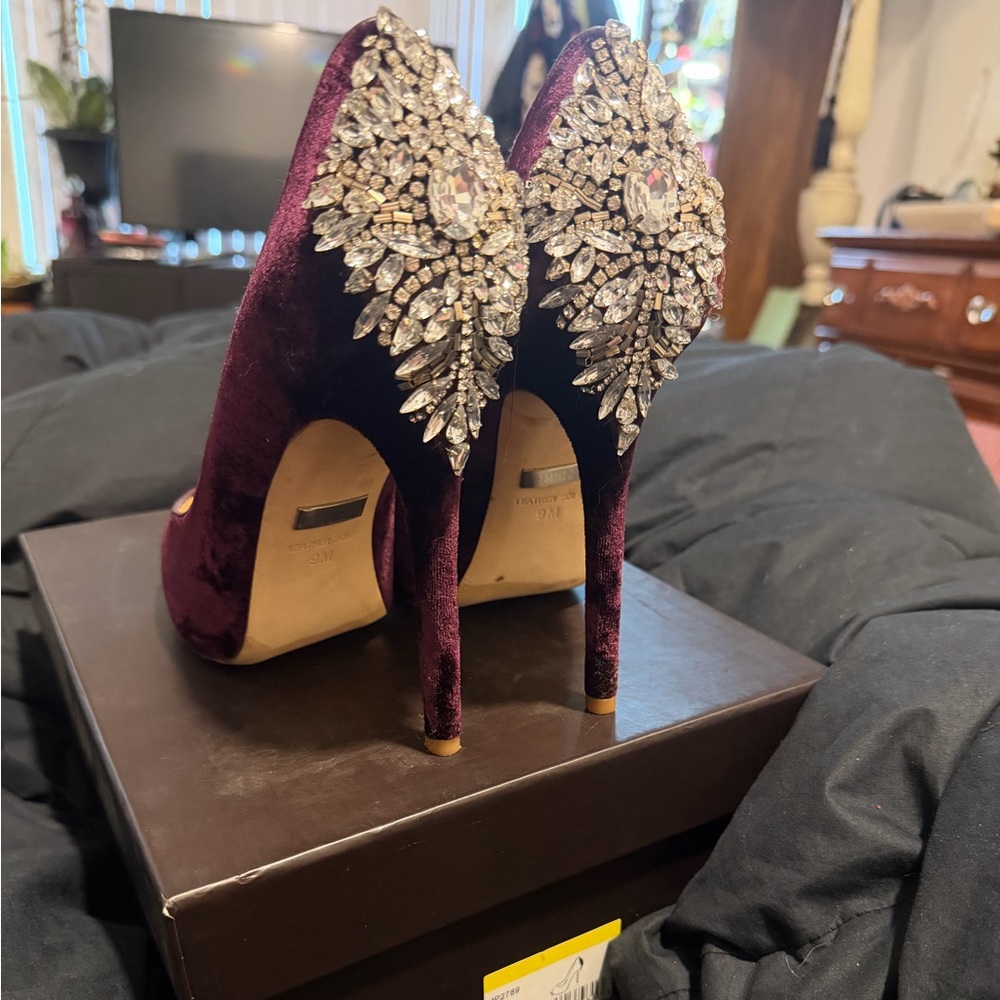 Badgley Mischka Plum Velvet Heels with Crystal Accents